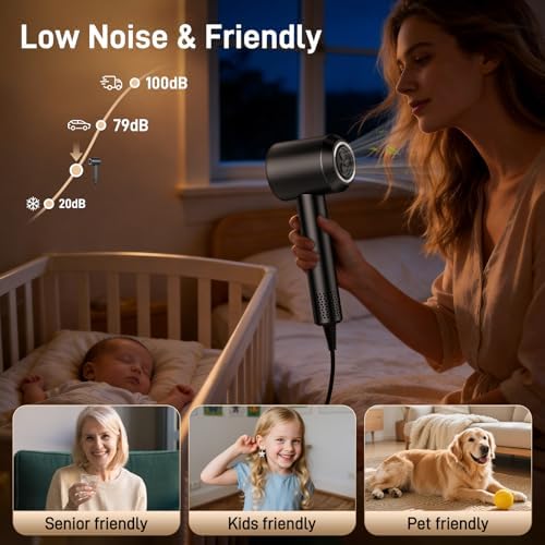 Hair Dryer, 180,000 RPM High-Speed Ionic Blow Dryer with Brushless Motor, 500 Million Negative Ions, LED Display, Low-Noise Professional Hairdryer for Fast Drying, Magnetic Diffuser for Home & Travel - Image 5