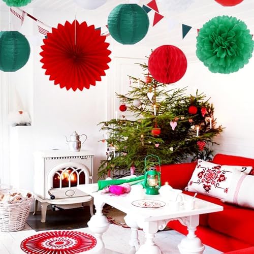 Red Green-White Christmas Party Decorations - 20pcs Mexican Italian Paper Lanterns Fans,Tissue Pom Poms,Honeycomb Balls,Bunting,Birthday Mexico Italy Baby Shower Wedding Decor Burgleda - Image 4