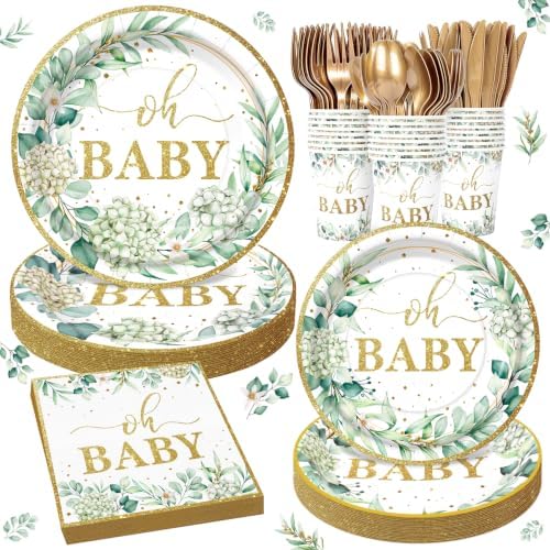 168pcs Sage Greenery Baby Shower Party Supplies, Neutral Party Decorations by FightingtoAchieve