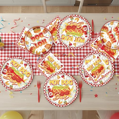 Hot Dog Party Decorations - 96 Pcs Hot Dog Birthday Plates Napkins Forks Tableware Set, Fast Food Hotdog Dinnerware Set for Adults Kids Picnic Sausage BBQ Serves 24 - Image 5