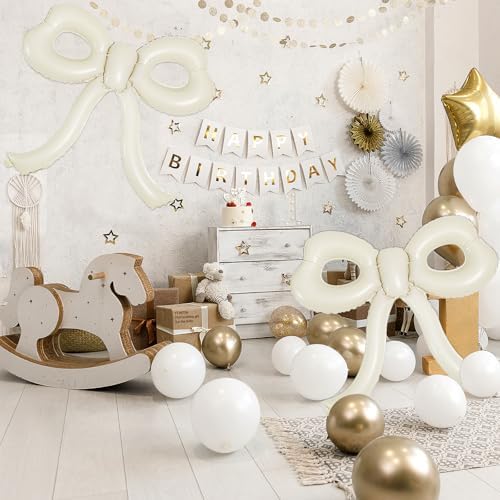 4 Pcs Bow Birthday Decorations Cream Bow Balloons for Girl Women Bow Themed Party Decorations Giant Foil Beige Balloons for Birthday Baby Shower Gender Reveal Wedding Decor Party Supplies - Image 4