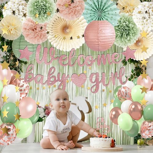 Dusty Pink Sage Green Baby Shower Decorations - Welcome Baby Girl Banner, Retro Pink Green Rosegold Balloons, 'Oh Baby' Cake Topper, Pom Poms Flowers Paper Fan For Birthday Jungle Woodland Party - Image 7