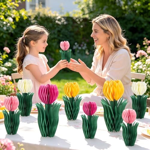 SUNBEAUTY 8 PCS Flower Honeycomb Decor Tulips Table Centerpieces Spring Decoration for Home Office Paper Flower Tulip Honeycomb Decor for Garden Party, Mother's Day Decoration - Image 4