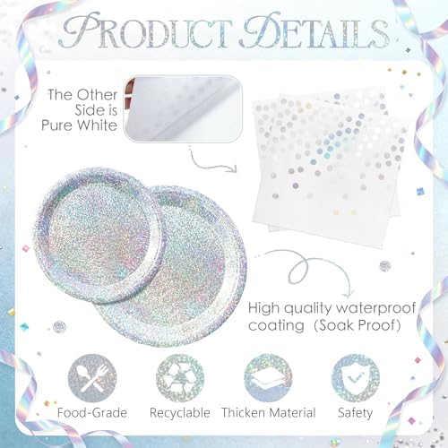 Silver Iridescent Party Plates and Napkins, 75 Pcs Party Decorations Set - Image 3