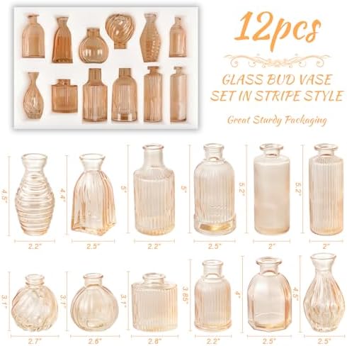 Champagne Bud Vases Set of 12 Amber Glass Vase for Decor Centerpieces, Small Ribbed Vases for Flowers Stripe Modern Bud Vases in Bulk Vintage Vases for Floral Wedding Party Table Decoration Home Decor - Image 2