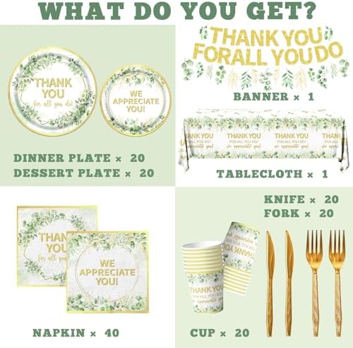 We Appreciate You Decorations - Sage Green Thank You Party Plates,Napkins,Banner Spring Eucalyptus Thank You for All You Do Table Decoration for Employee Teacher Graduation Appreciation Party - Image 6