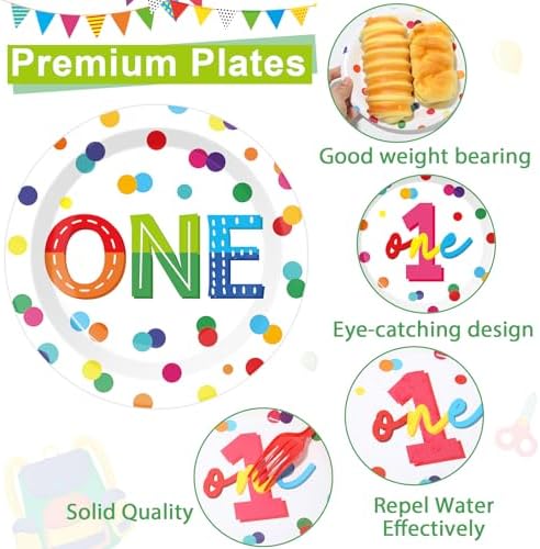 CHUNNIN 96pcs Rainbow 1st Birthday Plates and Napkins Confetti Happy Birthday Party Decorations with Polka Dot Confetti Dessert Plates Colorful 1st Tableware for 24 Guests 1 Year Old Party Supplies - Image 3