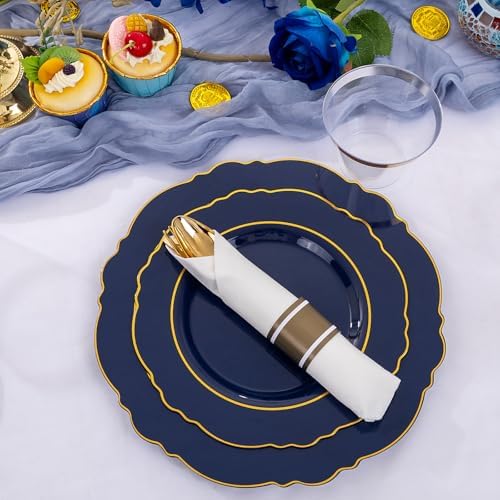 Liacere 350PCS Navy Blue Plastic Patriotic Plates-Disposable Blue Gold Plates 50guest Plastic Dinnerware include 100Plates,50Pack Pre Rolled Napkins with Silverware 50Cups for Party/Wedding/Halloween - Image 4