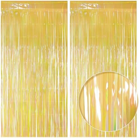2 Pack Yellow Iridescent Streamers Backdrop, 3.3x6.6ft Foil Fringe Curtains Gold Holographic Door Tinsel Streamers for Birthday, Wedding, Holiday, Bachelorette, Theme Party Decorations by JustShimmer