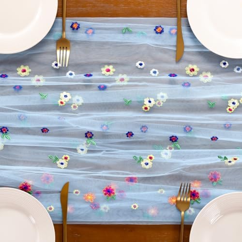 Flower Table Runner Fall Daisy Floral Tulle Cheesecloth Wedding Decor - Image 5