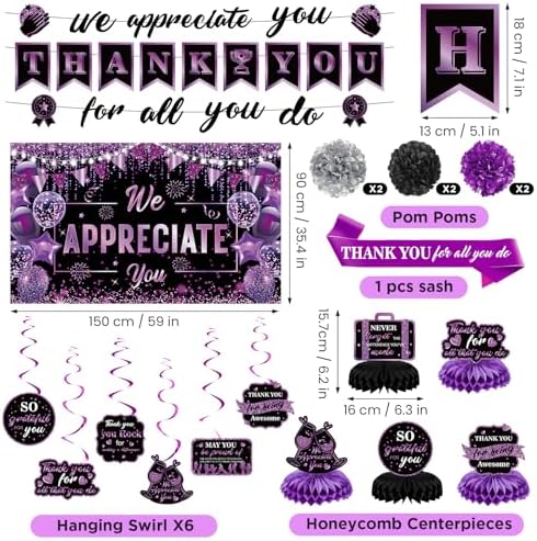 Purple We Appreciate You Decorations Black Purple Thank You for All You Do Banner Honeycomb Centerpieces Hanging Swirls Employee Staff Appreciation Gift Pastor Teacher Doctor Graduation Party Decor - Image 3