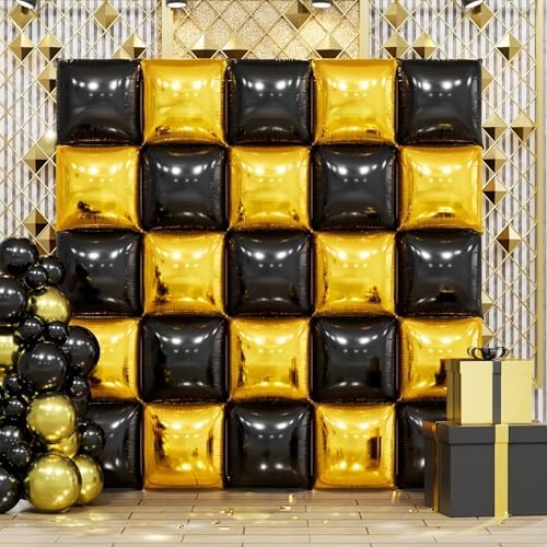 25PCS Gold Black Square Foil Balloons Wall Backdrop by FEYG