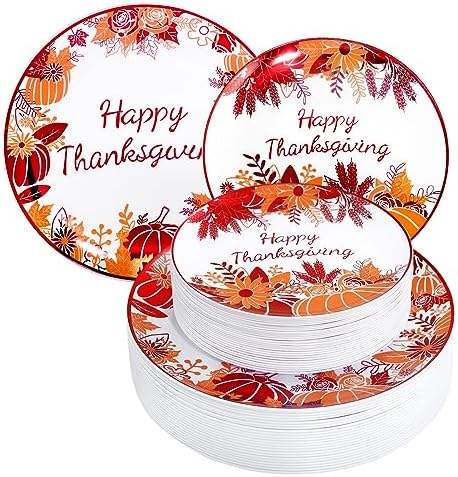 Rubtlamp 60PCS Thanksgiving Plastic Plates, White Orange Pumpkin Plates, Red Disposable Plates with Maple Leaves, Fall Disposable Plates Include 30 Dinner Plates, 30 Salad Plates For Thanksgiving by Rubtlamp