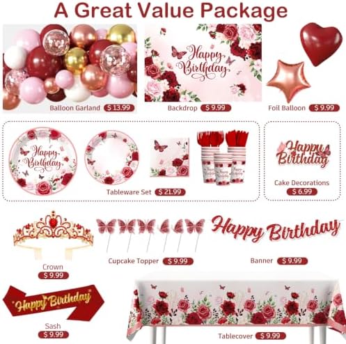 Cocomigo Burgundy Floral Birthday Party Decorations for Women, All-in-One - Image 3