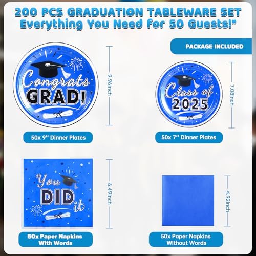 Graduation Plates and Napkins 2025 – 200PCS Blue Graduation Party Decorations Pack, Disposable Paper Plates & Napkins for 50 Guests – Perfect for 2025 Congrats Grad Party Supplies - Image 2
