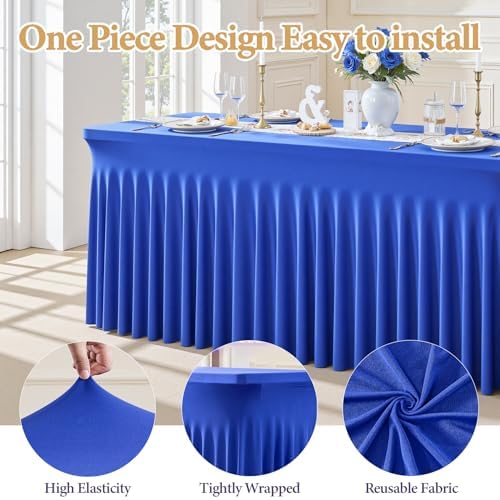 Shillance 6 Packs Royal Blue Tableclothes for 8 Foot Rectangle Table, Wrinkle Free Spandex Tablecovers 8FT Stretch Fitted Table Cloth with Skirt for Birthday Parties Graduations Event Wedding Banquet - Image 2