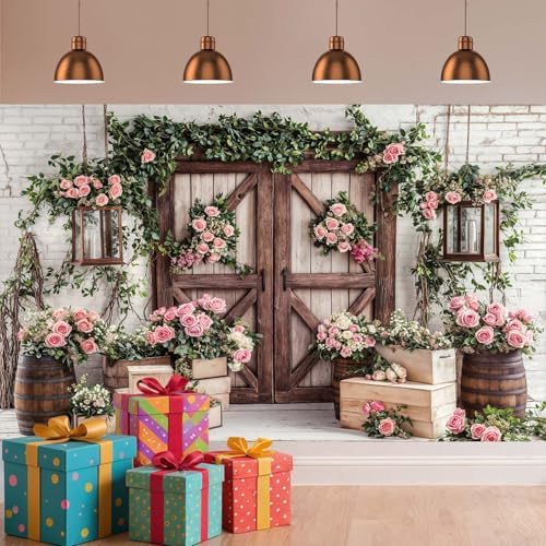 6x6ft Country Wedding Photography Backdrop Floral Rustic Roses Farmhouse Wooden Door Backdrop Pink Flower Birthday Baby Shower Wedding Bridal Party Banner Photo Booth Props Anniversary Background - Image 3