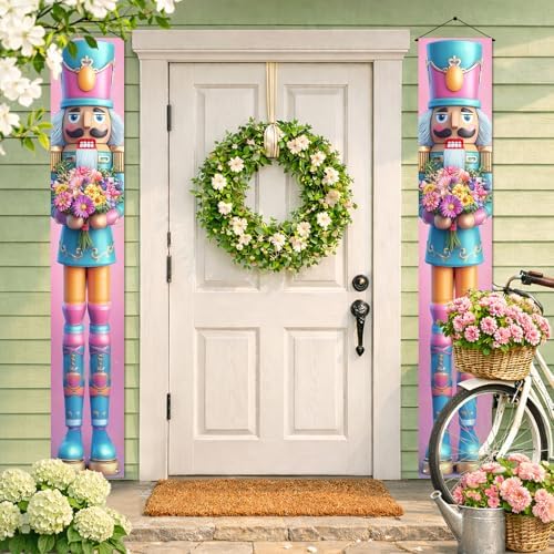 BlissYard Spring Nutcracker Door Banner 12x72 Inch Floral Hanging Banner Nutcracker Decor Daisy Bouquet Porch Sign Spring Summer Door Cover for Front Porch Wall Seasonal Holiday Home Decorations - Image 4