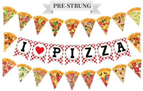 Versatile Pizza Party Banner – Pack of 3, Pre-Strung, with Pizza Slices & I LOVE PIZZA Letters, Perfect for Any Party with Pizza – Birthdays, Dorm Parties, Game Nights & Office Celebrations by plorbach