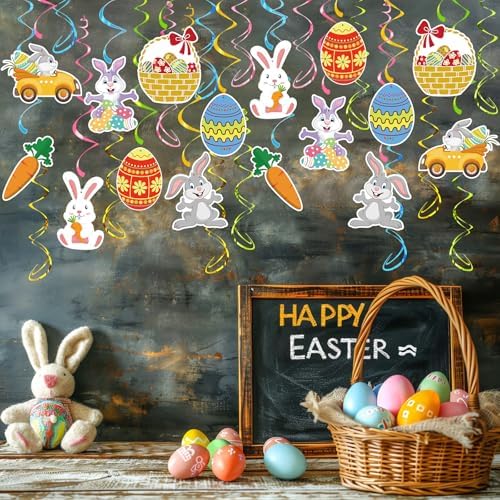 Easter Party Decorations - 30 Pcs Easter Hanging Swirl No DIY Easter Egg Bunny Carrot Baskets Ceiling Decorations for Home Office Classroom Easter Party Supplies - Image 4
