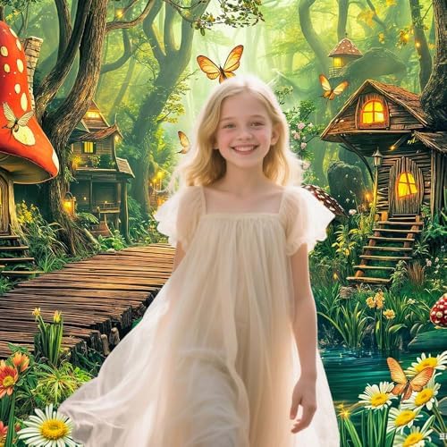 Spring Enchanted Forest Backdrop Green Fairy Tale Mushroom House Wonderland Jungle Photography Background Baby Shower Birthday Party Decorations Banner Photo Booth Props 12X10FT - Image 2