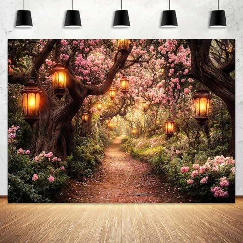 Pink Spring Enchanted Forest Backdrop, Cherry Blossom Road Fairy Tale Wonderland Garden Photography Background for Kids Girls, Baby Shower Birthday Party Decoration Cake Table Photo Booth Props 6X4FT - Image 4