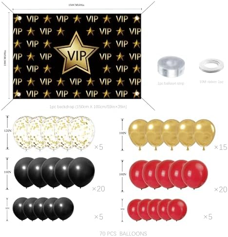Vip Party decorations - Red Carpet Party Decorations with VIP Photography Backdrop, Gold Black Red Balloons for Hollywood Themed Events, Birthday Parties, Photo Booth Props - Image 2
