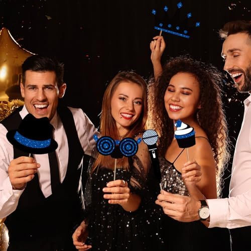 Zonon 24 Pcs Photo Booth Props Set Black Gold Birthday,Blue and Black - Image 6