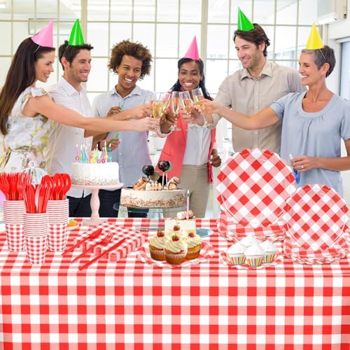 WNINK 176 PCS Red Gingham Plates and Napkins, Red Checkered Disposable Plates Set with Napkins Cups Plastic Spoons Forks Knives for Dinner Birthday Baby Shower Wedding Supplies Serve 25 Guests - Image 3