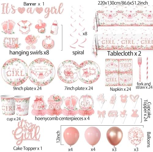 Its a Girl Baby Shower Decorations, Pink Floral Baby Shower Decorations for Girl Include Plates,Napkins,Banner,Balloons,Tablecloth,Cups,Hanging Swirl,Cake Topper,Honeycomb for Baby Girl Party Decor - Image 6