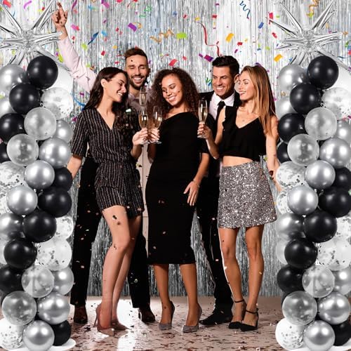 2 Sets Black Silver Balloon Column Stand Kit 3.3 X 6.6 ft Silver Photo Backdrop With Black Silver Confetti Balloons Balloon Tower Stand for Wedding Birthday Holiday Party Retirement Anniversary - Image 6