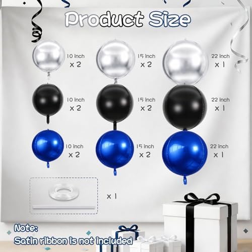 Togvu Black Blue Silver Round Balloons, 15PCS Different Sizes 4D Balloon - Image 2