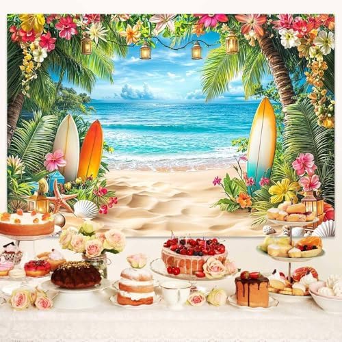 Summer Beach Ocean Backdrop, Tropical Hawaiian Palm Trees Flower Photography Background, Blue Sea Sky Luau Aloha Party Wedding Baby Birthday Bridal Shower Decoration Banner Photo Booth 6X4FT - Image 5