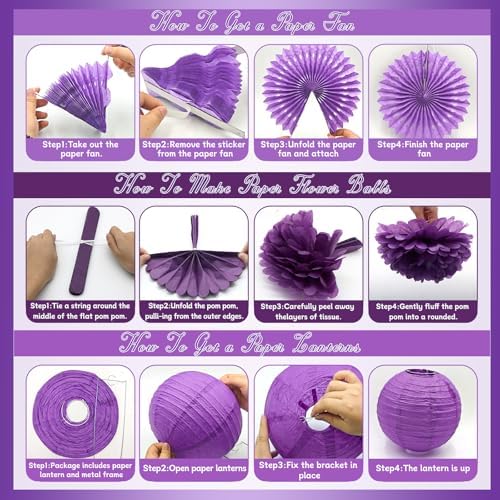 Meiduo 34 Pcs Purple Party Decorations, Paper Fans, Lanterns, Pom Poms Set - Image 7