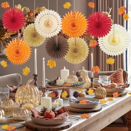 Fall Party Decorations, Orange Hanging Paper Fans, 100 Pcs Artificial Maple Leaves, Fall Leaves Garland, Fall Hanging Decorations, Pumpkin Orange Colors for Thanksgiving, Harvest Home Decor - Image 4