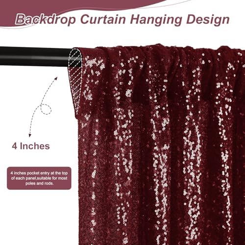 Burgundy Sequin Backdrop Curtains,2 Panels 2FTx8FT Burgundy Curtain Backdrop Glitter Party Decorations Background Drapes for Wedding Birthday Anniversary Graduation Photo Booth Decor - Image 2