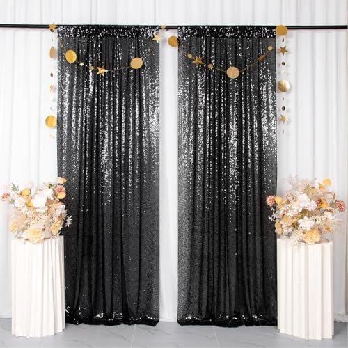 ShinyBeauty Black Backdrops 2 Pieces Sequin Curtains 4FTx7FT Photoshoot Background Glitter Backdrop Curtain Panels Shimmer Backgrounds for Wedding,Halloween,Party,Studio Decor(8FTx7FT) - Image 2