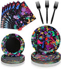 Baderke 192 Pcs Neon Glow Party Plates Napkins Forks, Birthday Serves 48 by Baderke