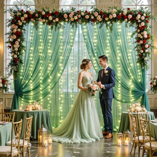 10ft x 8ft Hunter Green Tulle Photo Backdrop Curtain with Lights String for Christmas Party Sheer Curtain Backdrop Drapes for Birthday Party Holiday Wedding Photo Booth Background Room Decorations - Image 3