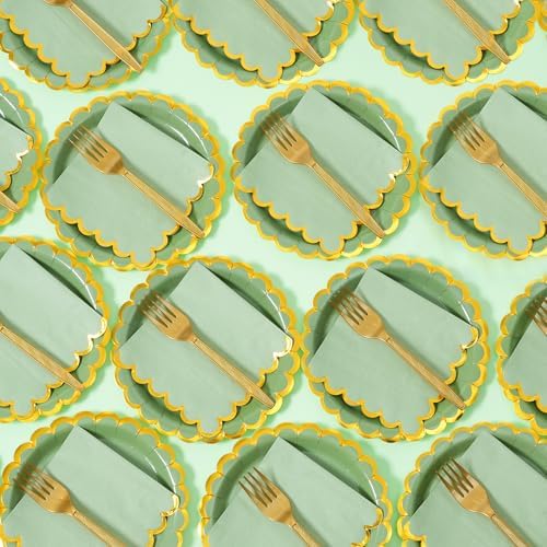 Sage green & gold scalloped party plates with napkins and fork gold foil border, 24 Guest green disposable Tableware Set Party Decoration for Birthday Coquette Bridal Baby Shower Valentines - Image 5
