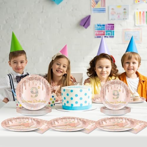 96 Pcs Rose Gold 9th Birthday Party Plates and Napkins for Girls Rose Gold Party Supplies Pink Happy 9 Years Birthday Party Tableware Set for 24 Guests Party Decorations - Image 5