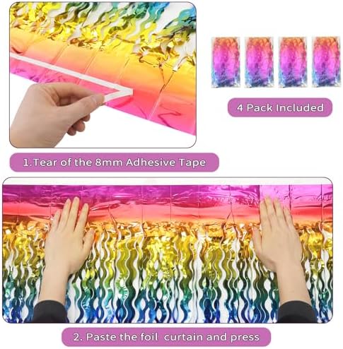 4 Pack Wavy Rainbow Foil Fringe Curtain | 3.3x6.6ft Colorful Tinsel Metallic Streamers Holiday Photo Booth Props Backdrop for Engagement Bridal Shower Unicorn Party Decorations - Image 4