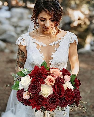 FACINOC Roses Artificial Flowers Red Bouquet Box Set Fake Flower for DIY Bridal Wedding Shower Decorations Centerpieces for Table Faux Silk Floral Arrangement for Party Home Decor Indoor Burgundy - Image 2