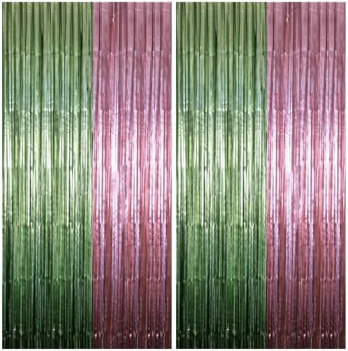 Dusty Pink Sage Green Tinsel Backdrop 2 Pack Foil Fringe Curtains by Unknown