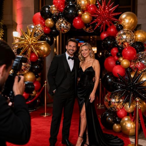 LOOLEY 137Pcs Red Black Gold Balloons Garland Arch Kit with Stars - 5 10 12 18 inch Red Black Gold Confetti Latex Balloons for Graduation Hollywood Casino Theme Party Decorations - Image 6