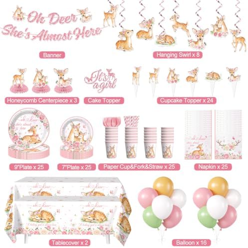 215 pcs Oh Deer Baby Shower Decorations for Girl Tableware Set, 25 Serves - Image 2