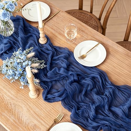Navy Blue Table Runner, 10FT Rustic Gauze Blue Table Runner 35*120inch Boho Table Runners for Wedding Bridal Shower Birthday Baby Shower Table Centerpiece Decorations - Image 2
