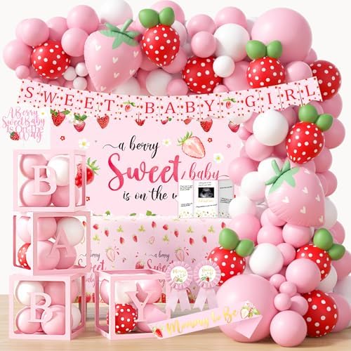 Strawberry Baby Shower Decorations, A Berry Sweet Baby Is On The Way Party Supplies, It's a Girl Gender Reveal, Backdrop Balloon Arch Box Mom to Be Sash Dad to Be Pin Tablecloths Cake Topper by Unknown