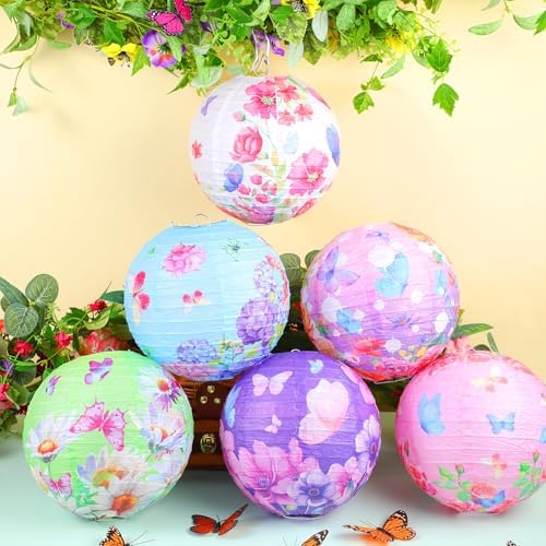 Panelee 12 Pcs Butterfly & Floral Theme Party Decorations Floral Hanging Paper Lanterns 8 Inches Round Flower Paper Lanterns for Summer Tea Party Ceiling Garden Wedding Bridal Decor Supplies - Image 3