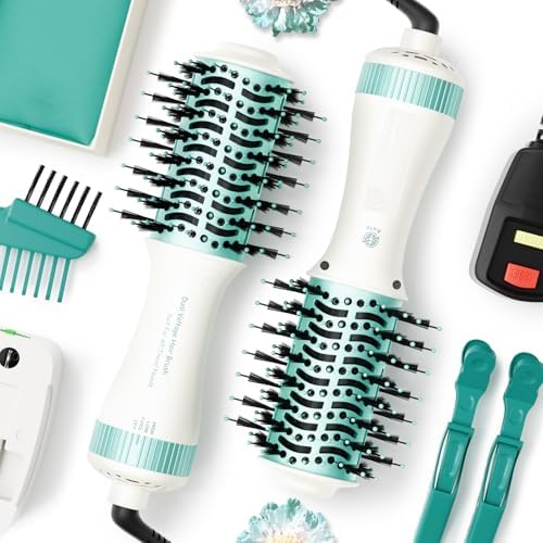 Dual Voltage Travel Hair Dryer Brush 4-IN-1 Portable Mini Hot Air Blow Dryer Straightener & Curler Brush, Titanium Round Blowout Styler Volumizer Tools, 110/240V US/EU/UK Plug for International Travel by MayAllDreamsRealizedEndingMisfortuneInAuspicious